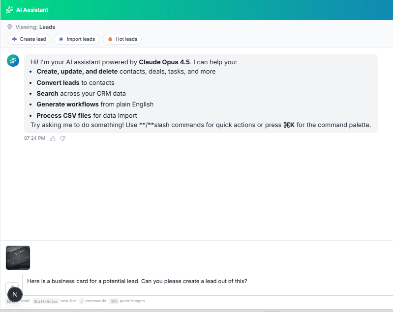 AI Assistant interface showing conversation and actions