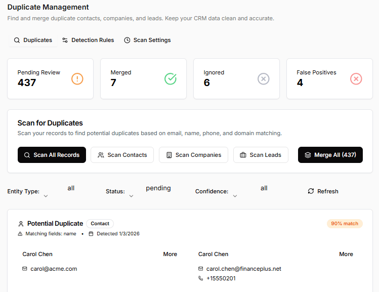 Duplicate detection and merge interface