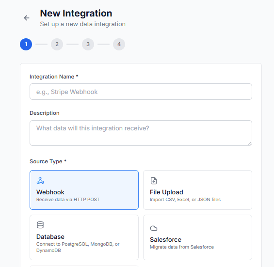 Data integration wizard showing source options
