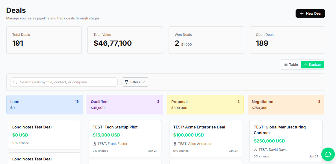 Deal pipeline Kanban board with deal cards